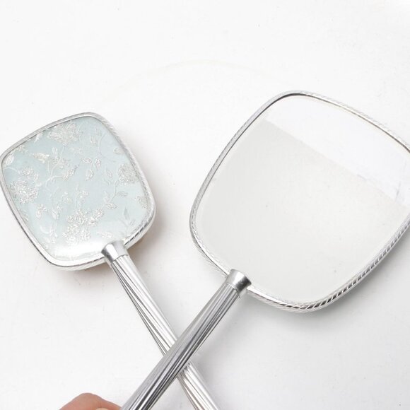 Vintage Vanity Dressing Table Brush Mirror Set England Metal Silver Wood - Picture 12 of 13